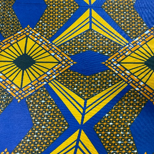 Blue 2024 and Yellow Diamond Tiles African Wax Print Fabric, GTP Nu-Style Fabric 6 Yard Bundle